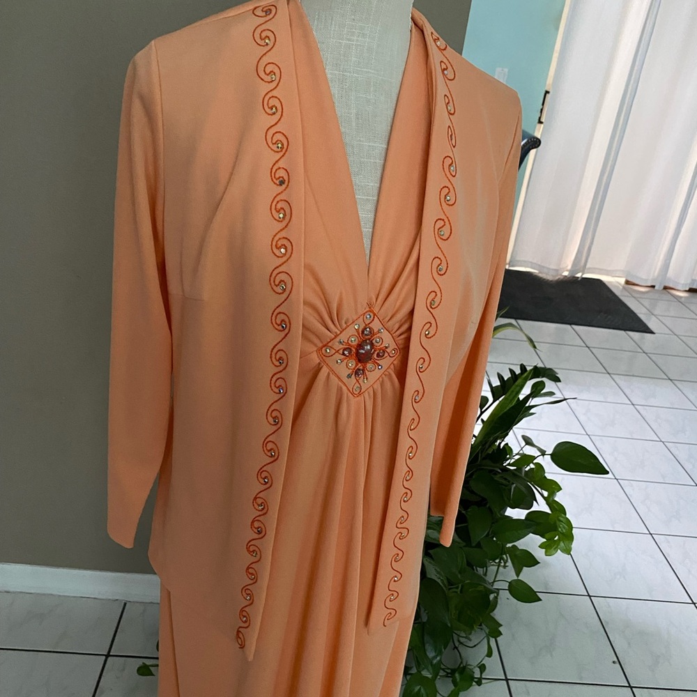Vintage 2 pc Halter Dress Gown Jacket 70s Knit JC Penneys Coral Embellished 70s - Picture 5 of 16